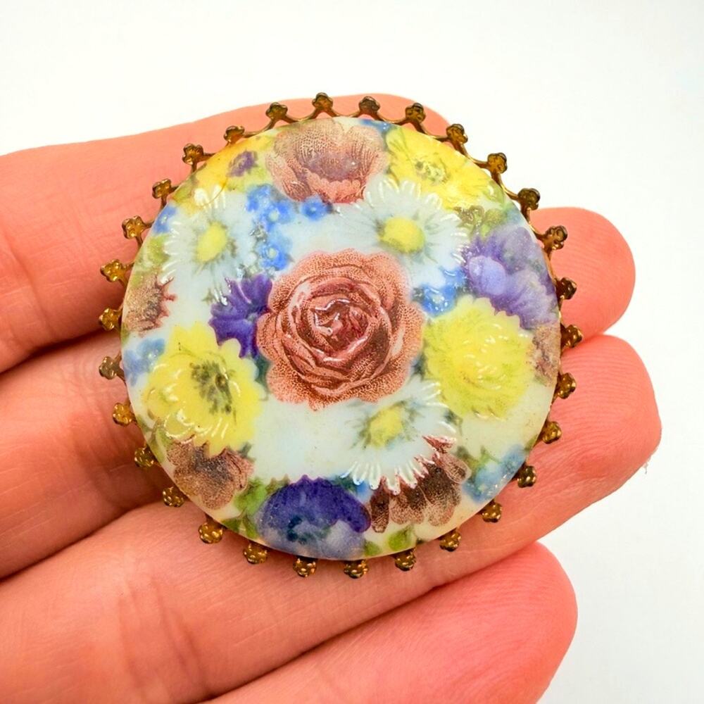 Vintage Floral Flower Hand Painted Porcelain Brooch Pin Rose Yellow Purple Blue